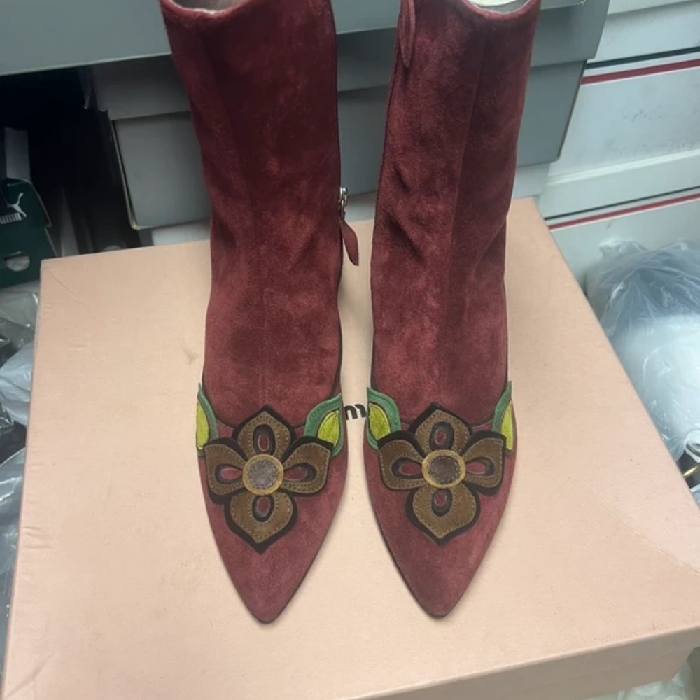 Miu Miu Red Floral Embroidered Heeled Boots